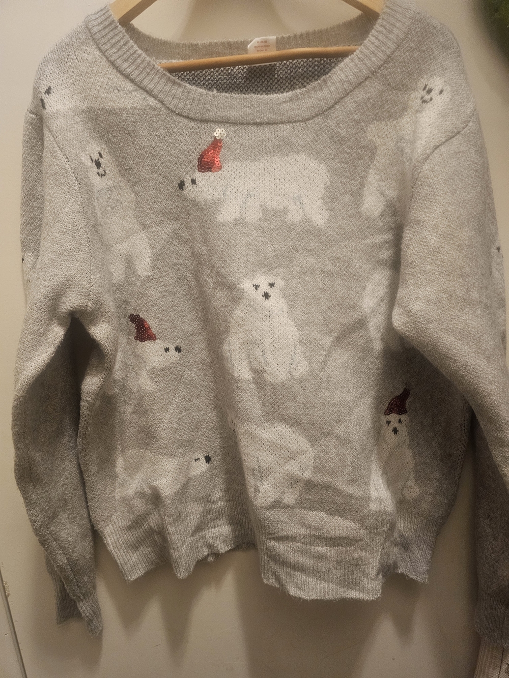 Holiday Time Polar Bear Christmas Sweater Gray XL Sequins Hat Two-sided Vintage